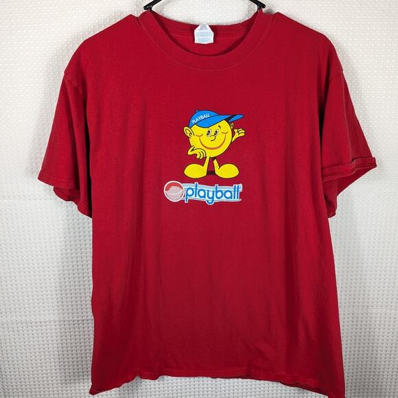 Play Ball Red Graphic T-Shirt Men’s Large Funny Cartoon Character Baseball Tee - Picture 1 of 5